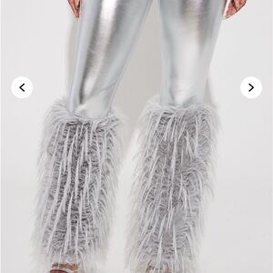 Silver Metallic Leggings with Faux Fur Trim